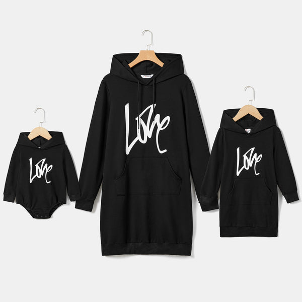 Mommy and Me Letter Print Black Long-sleeve Hoodie Dresses - 20702285