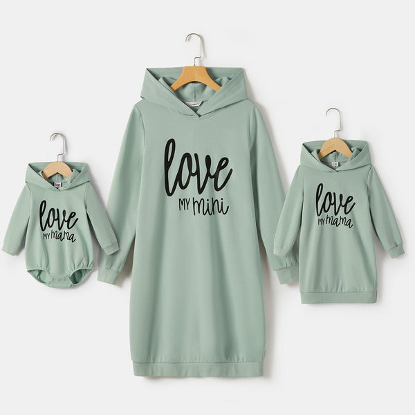 Mommy and Me Letter Print Green Long-sleeve Hoodie Dresses - 20701154