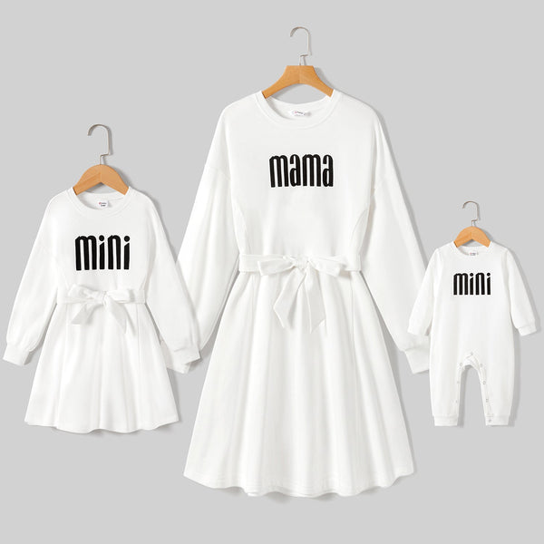 Mommy and Me Letter Print White Long-sleeve Belted Dresses - 20702157