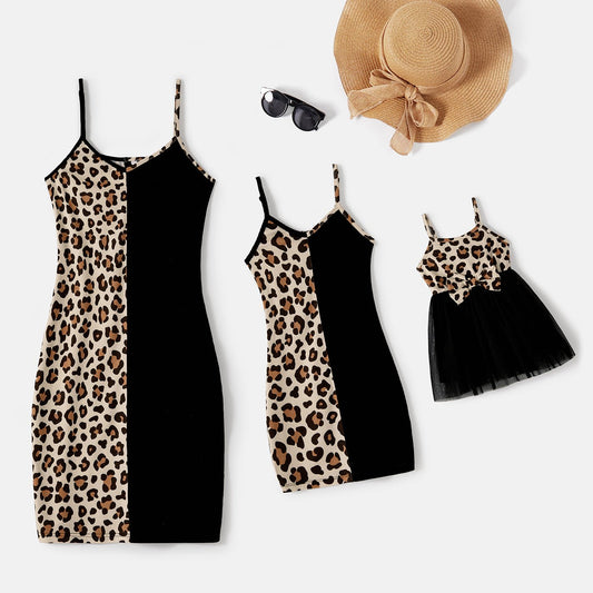 Mommy and Me Naia? Leopard & Black Spliced Bodycon Cami Dresses - 20620031