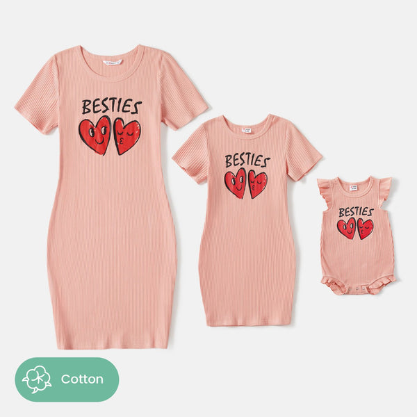 Mommy and Me Pink Cotton Ribbed Heart & Letter Print Short-sleeve Bodycon Dresses - 20571112