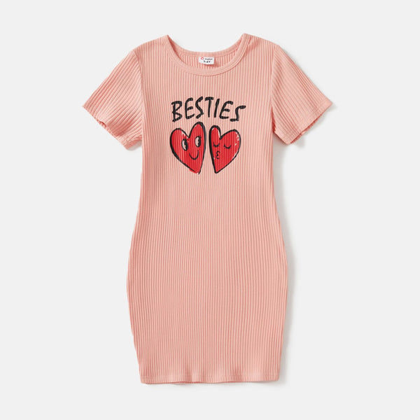 Mommy and Me Pink Cotton Ribbed Heart & Letter Print Short-sleeve Bodycon Dresses - 20571112