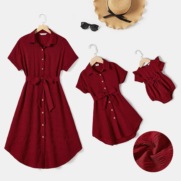 Mommy and Me Red Short-sleeve Belted High Low Hem Dresses - 20680356