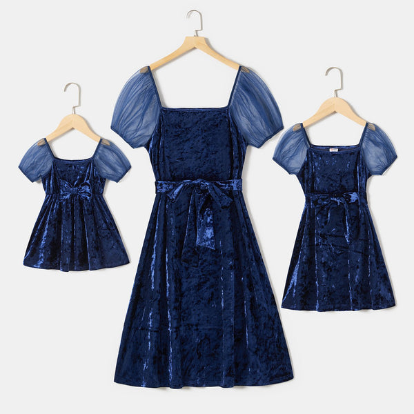 Mommy and Me Solid Velvet Puff Sleeve Belted Dresses - 20699817