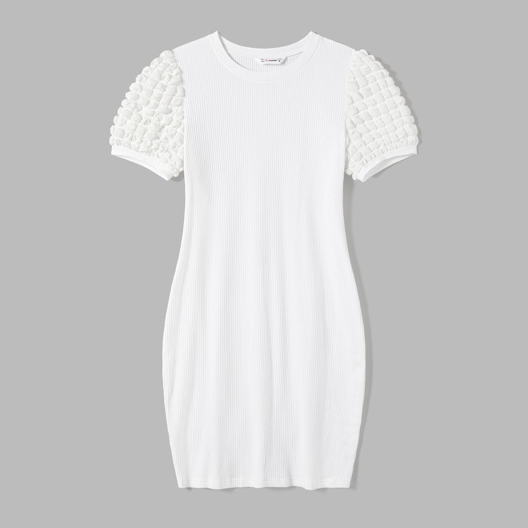 Mommy and Me Textured Puff Sleeve Rib-knit Dresses - 20675991