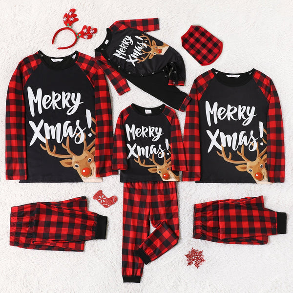 Mosaic Family Matching ' Merry Xmas ' Reindeer Print Plaid Christmas Pajamas Sets£¨Flame Resistant£© - 19734151