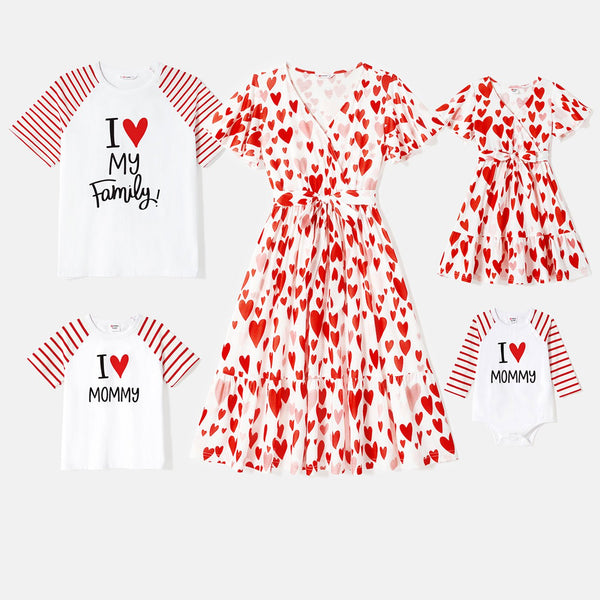 Mother's Day Family Matching 95% Cotton Letter Graphic Striped Raglan Sleeve T-shirts and Allover Red Heart Print Surplice Neck Ruffle-sleeve Belted Naia? Dresses Sets - 20574391