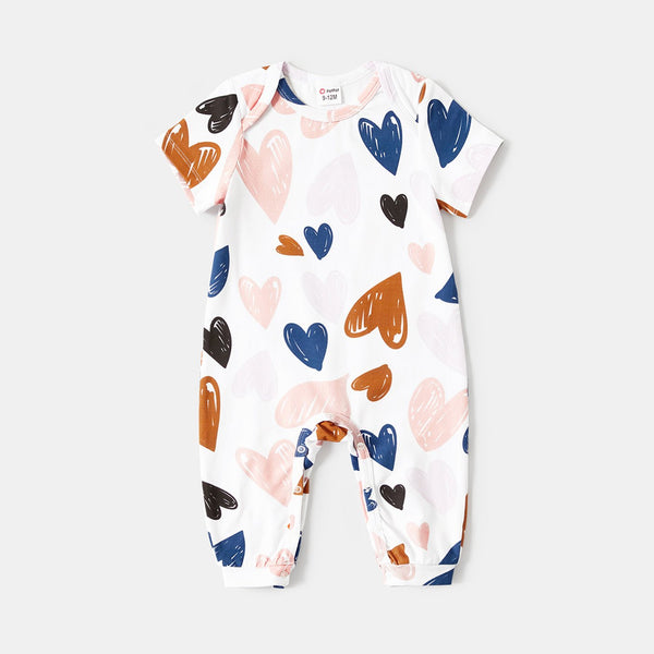 Mother's Day Family Matching Cotton Short-sleeve Allover Heart Print and Colorblock Ribbed Tops - 20626870