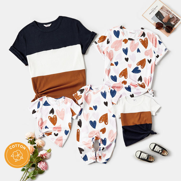 Mother's Day Family Matching Cotton Short-sleeve Allover Heart Print and Colorblock Ribbed Tops - 20626870