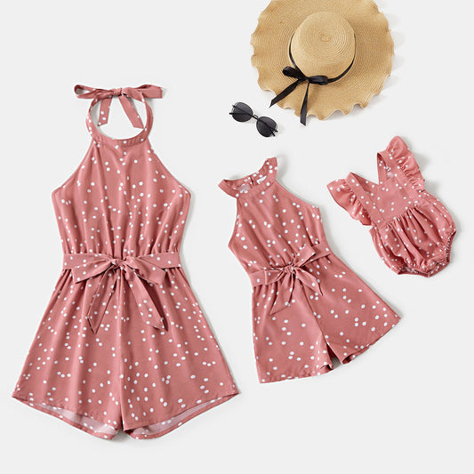 Polka Dots Pink Halter Neck Sleeveless Belted Romper for Mom and Me - 20396498
