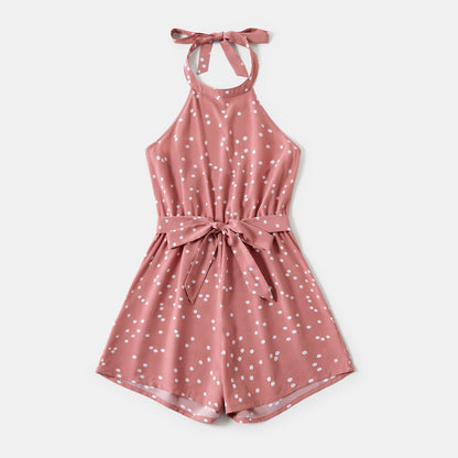 Polka Dots Pink Halter Neck Sleeveless Belted Romper for Mom and Me - 20396498
