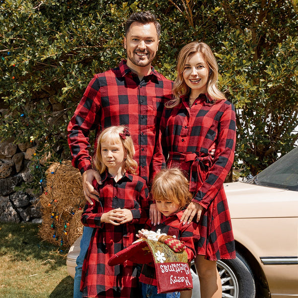 Red and Black Plaid Print Family Matching Sets£¨Lapel Long-sleeve Belted Dresses and Shirts£© - 20087476