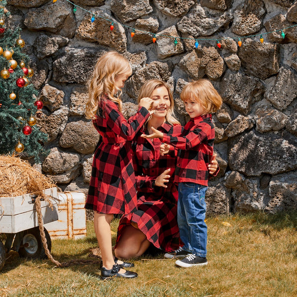 Red and Black Plaid Print Family Matching Sets£¨Lapel Long-sleeve Belted Dresses and Shirts£© - 20087476